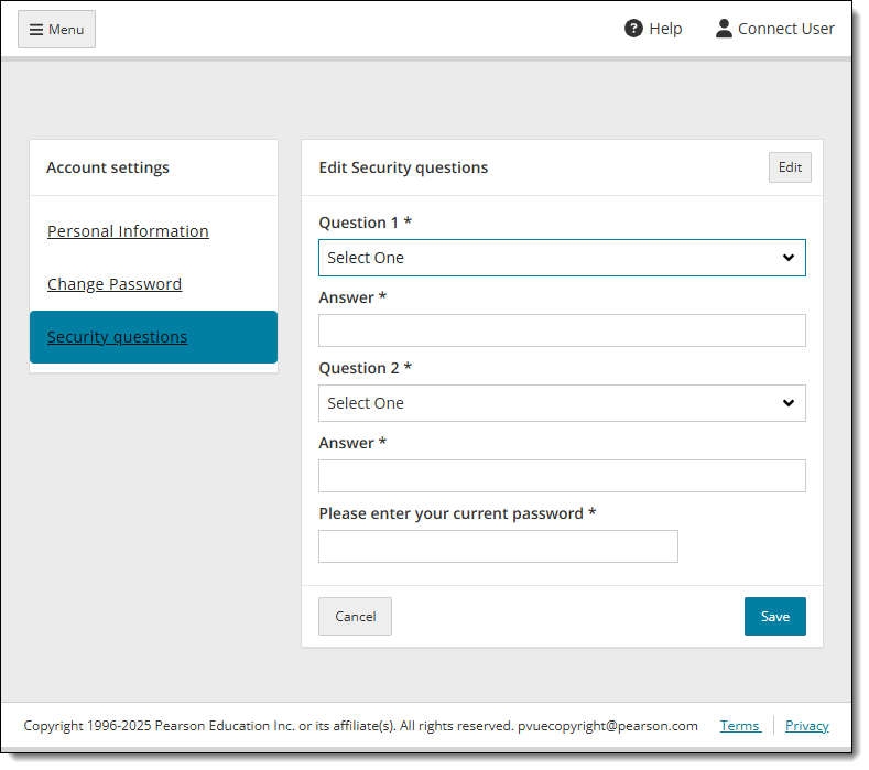 Edit Connect security questions.